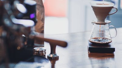 Third wave coffee brewing method: V60 coffee dripping iview from a vintage coffee shop.